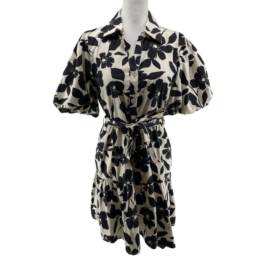 Floral Mini Dress Women Medium Cream Black Romantic Garden Party Puff Sleeve